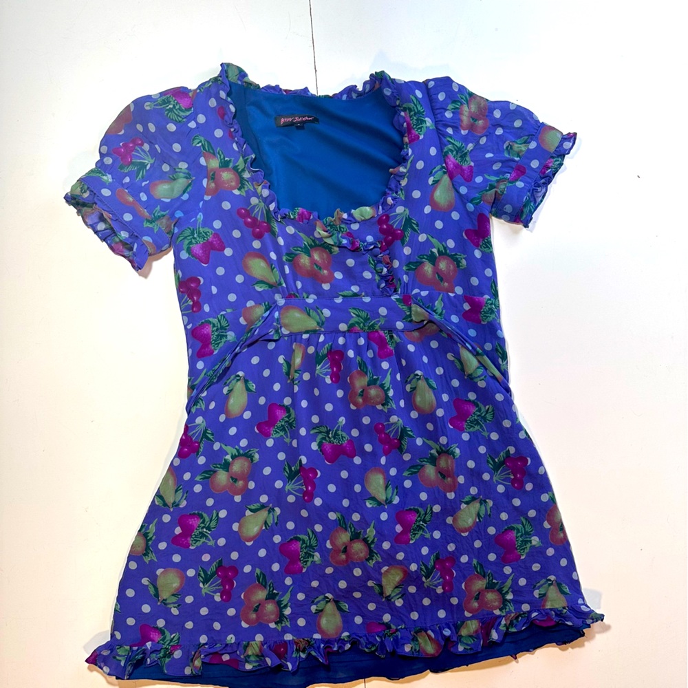Betsy Johnson Y2K Vintage Retro 100%Silk Fruit Ruffle Frill Tie Waist Dress 6